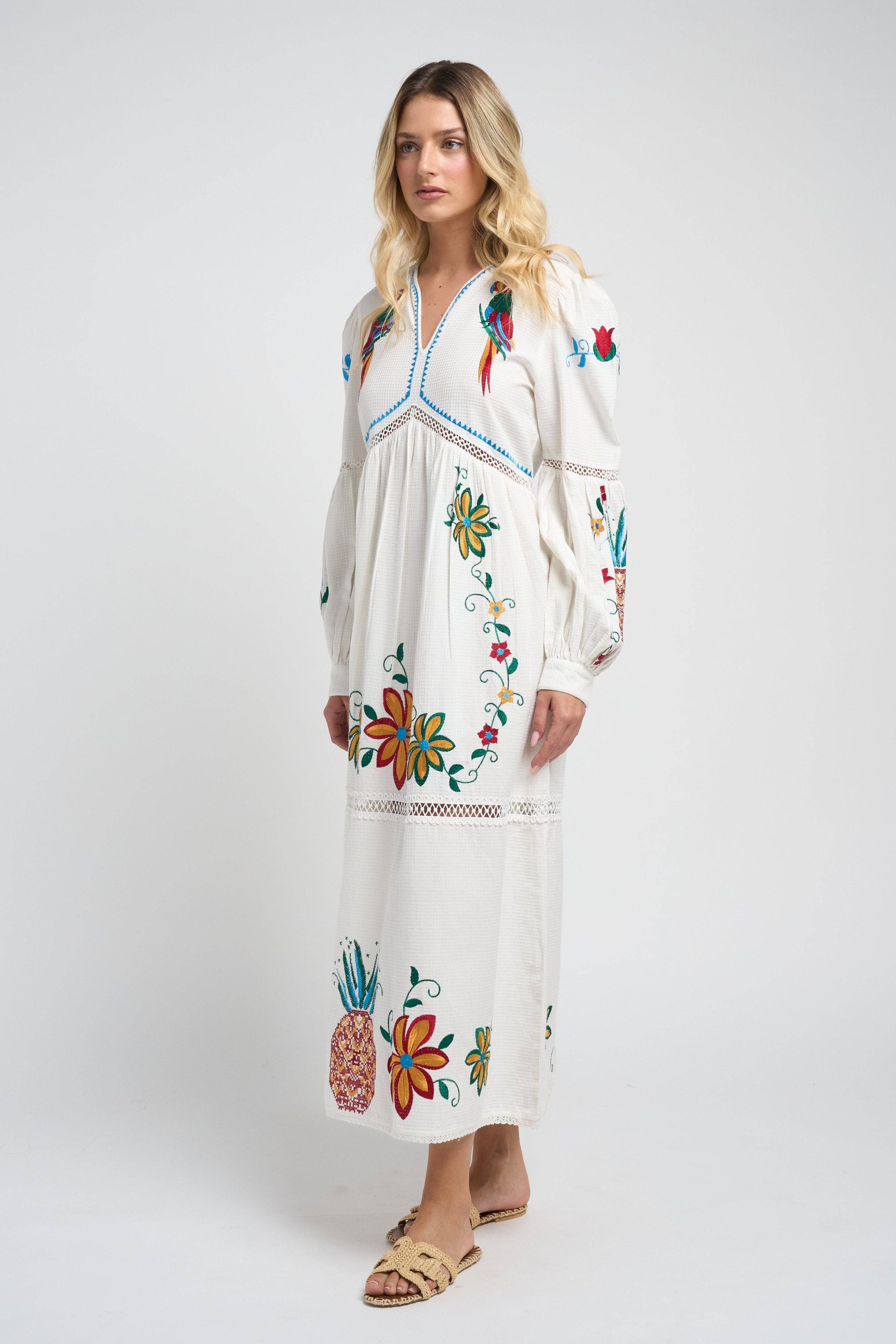 Close-up shot of the Sofia Parrot Dress