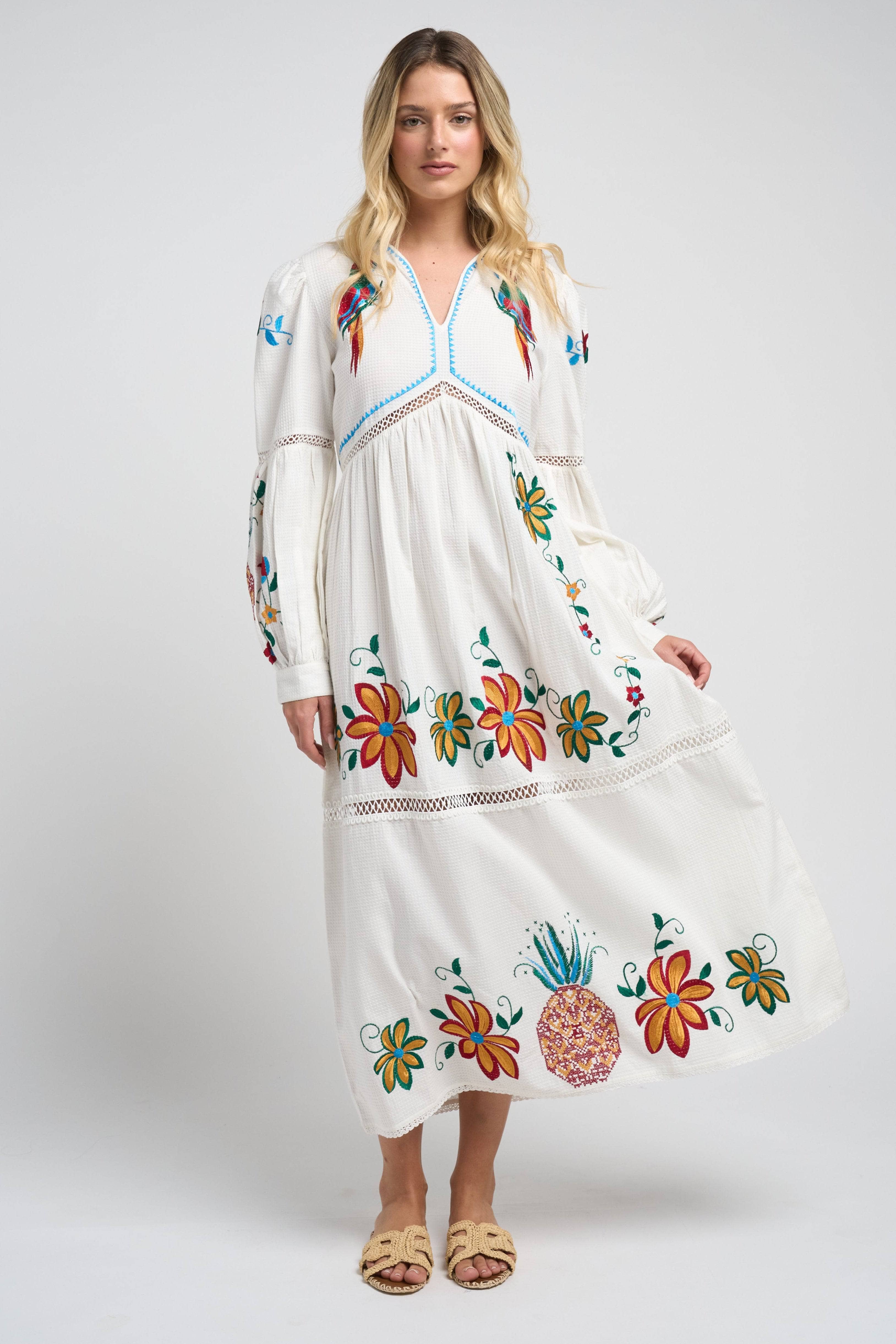 Model wearing the Sofia Parrot Dress