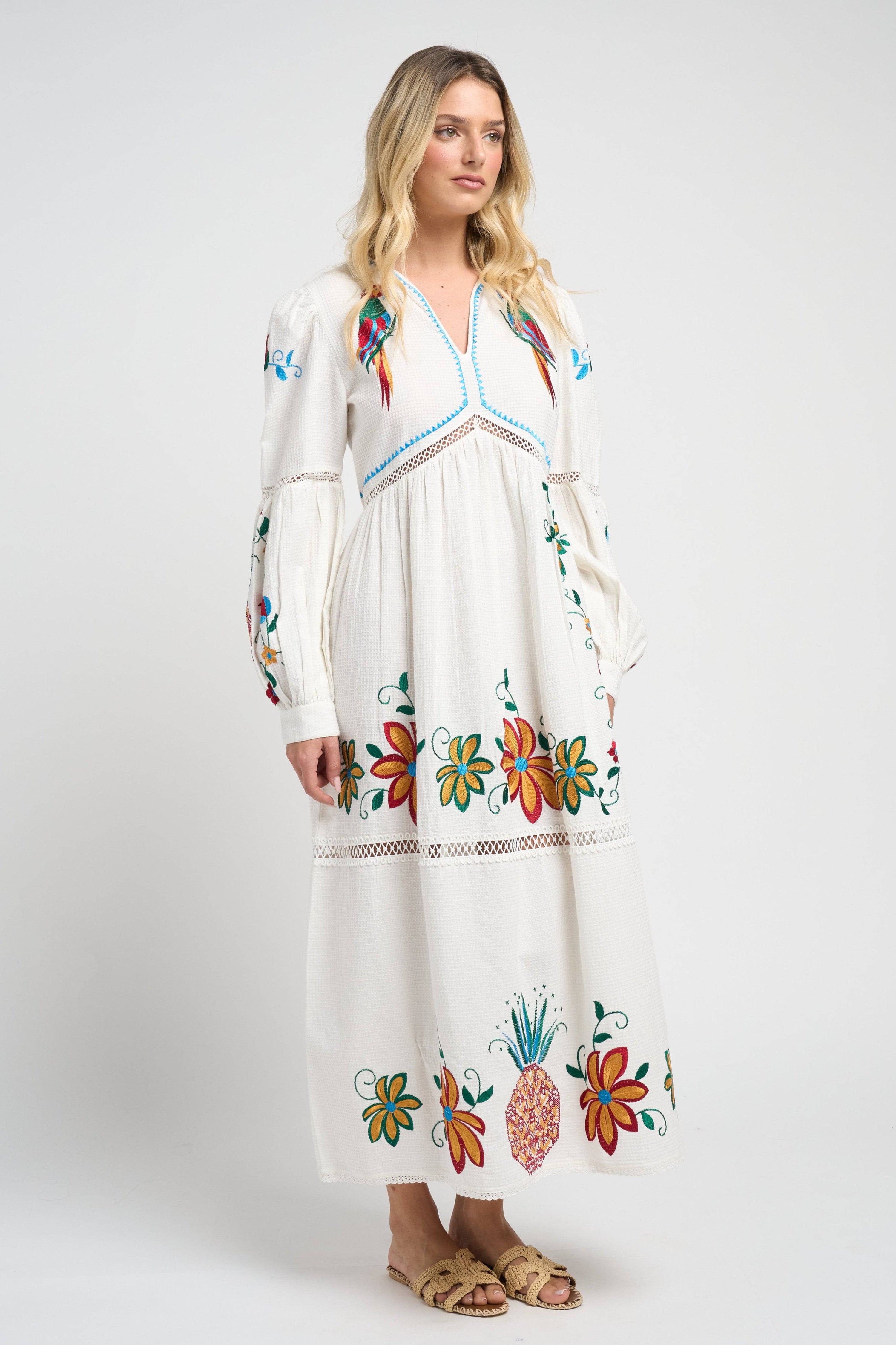 Model wearing the Sofia Parrot Dress